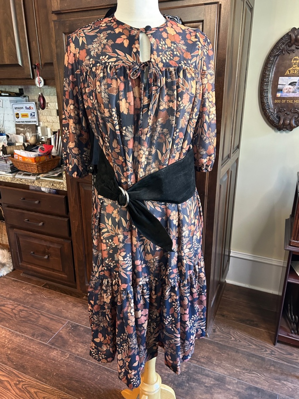 1960’s Bob Simmons Sz M Leaf Print Ruffle Midi Dress in Blk Orange Maternity - Picture 3 of 5
